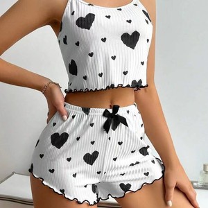 IStapromo Gifts Women's Sexy Knitted Sleepwear <b>Set</b> with Heart-shaped Printed Suspender Shorts Two-piece <b>Set</b> - Product Image 3