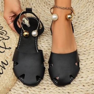 Women Hollow Out <b>Closed</b> <b>Toe</b> Flat <b>Sandals</b> Pearl Metal Ankle Strap Slingback Summer Shoes - Product Image 2