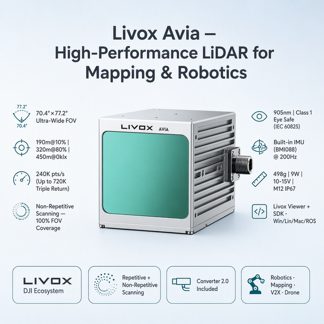 Livox Avia LiDAR Sensor-Long Range 450m High Precision IP67 Triple Return Built-in IMU Wide FOV Robotics Mapping Drone V2X