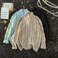 Cardigan zippé à col roulé torsadé personnalisé pour homme, style vintage décontracté japonais haut de gamme, tricot épais imprimé, collection automne/hiver