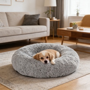Luxe op maat gemaakte katten- en hondenbedden, wasbaar, zacht, pluizig kussen, effen patroon, rond, pluche dierenbed voor honden en katten - Product Image 1