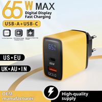 Chargeur à affichage numérique intelligent 65W C Multi-port Type-C QC3.0 Charge rapide PC + ABS Adaptateur de chargeur USB universel