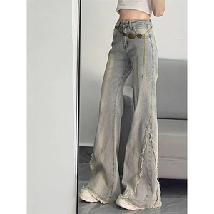 2025 nuevo único Retro de cintura alta moda todo-fósforo transpirable XL borde crudo Micro acampanado azul algodón de espesor medio Jeans sin pierna - Product Image 2