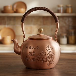กาน้ำชาทองแดงแบบจีนโบราณพร้อมฝาปิดและด้ามจับ ลายสลักดอกไม้ - Product Image 4