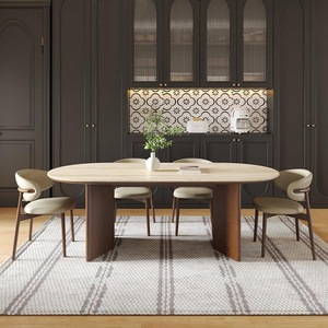 Juego de Mesa y Sillas de Comedor de Madera Maciza y Mármol Ovalado, Estilo Moderno de Mediados de Siglo, para 4 o 6 Personas, Diseño Vintage para Cocina o Restaurante - Product Image 5