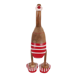 Statuetta di anatra in legno con bikini, a righe rosse e bianche, scultura decorativa per la casa, il bagno, l'ufficio, il soggiorno. - Product Image 5