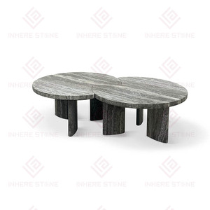 Custom Living Room Home Decor Classical Natural Stone <strong>Furniture</strong> Luxury Marble Round Silver Grey Travertine <strong>Coffee</strong> <strong>Table</strong> <strong>Set</strong> - Product Image 3