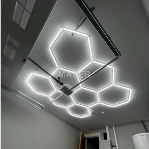 Plafonnier LED hexagonal vendu en usine pour l'éclairage de <span class=keywords><strong>garage</strong></span>, système à 8 grilles pour atelier de detailing automobile, alimentation CA - Product Image 2