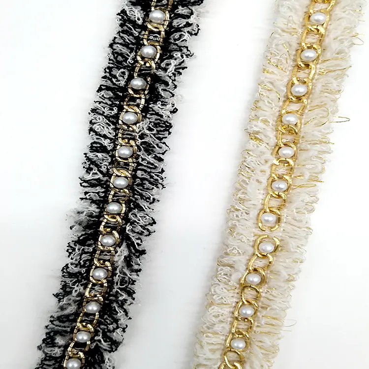 Fancy Chain Gold Garis dan Manik-manik Rumbai 20 Mm Pakaian Hiasan Rumbai Pemangkasan