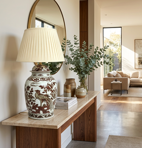 Lampada da Tavolo Tradizionale Asiatica Oversize 84cm, Corpo in Ceramica <span class=keywords><strong>Marrone</strong></span> con Fenice e Fiori, <span class=keywords><strong>Paralume</strong></span> Plissettato per Lobby e Hotel - Product Image 1