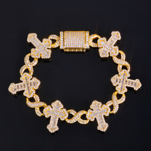 Fine Men's 15MM Geometric Hiphop Iced Chain Gold Plated Brass Flip Lock Cross 8 Character <strong>Infinity</strong> Charm Bling CZ Charm <strong>Bracelet</strong> - Product Image 6