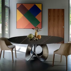 现代大理石石材顶部金属底部工业圆形客厅卧室餐桌