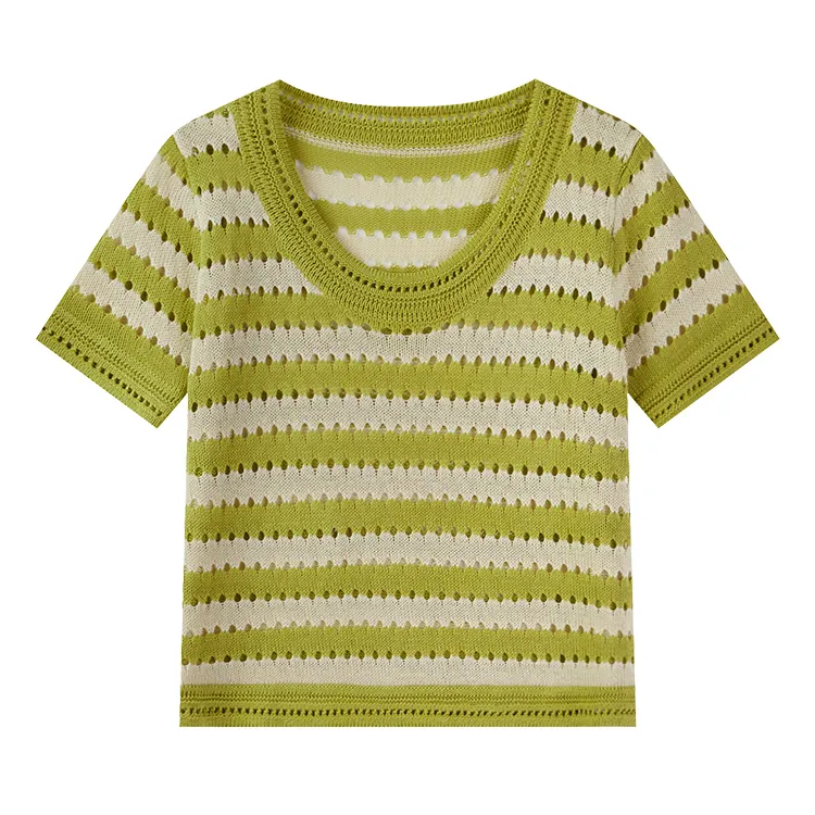 2024 New Fashion Summer Women's Short-Sleeved Knitted Sweater Casual Style with Crew Neck and Crocheted Technique