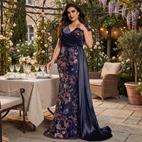 Robe de soirée élégante Impereal, grande taille, col en V, manches courtes, bleu marine, à sequins floraux, coupe sirène avec drapé latéral, pour bal et banquet