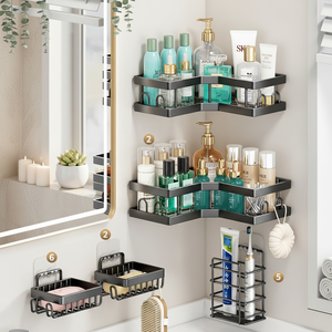 Ensemble d'organisateurs d'angle de salle de bain 3-5 pièces, <span class=keywords><strong>porte</strong></span>-<span class=keywords><strong>savon</strong></span> mural et support pour brosses <span class=keywords><strong>à</strong></span> dents pour un rangement complet de la salle de bain - Product Image 1