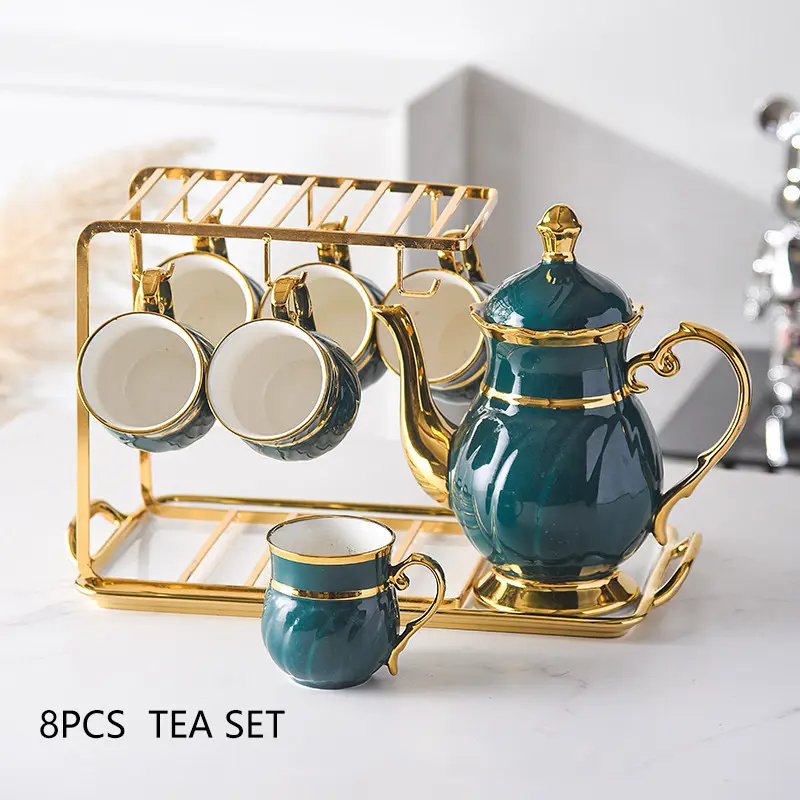 Set cangkir teh keramik, mewah 8 buah Set teh emas dengan teko sore porselen cangkir teh Set piring cangkir kopi emas