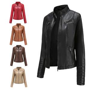 Chaqueta de cuero PU de <span class=keywords><strong>moda</strong></span> para <span class=keywords><strong>mujer</strong></span> 2026, estilo europeo, cuello alto, manga larga, cremallera, estilo <span class=keywords><strong>motociclista</strong></span>, corte ajustado, para otoño - Product Image 2