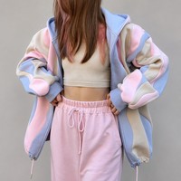 Fabricant de vêtements sur mesure à marque privée, sweat-shirt à capuche oversize en coton biologique, color block, streetwear, fermeture éclair intégrale pour femmes