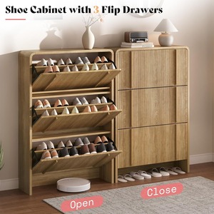 Meuble à <span class=keywords><strong>chaussures</strong></span> autoportant en chêne naturel cannelé avec 3 tiroirs basculants et étagère réglable pour entrée et couloir - Product Image 2
