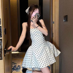 White Polka Dot Sundress Spaghetti Strap <b>Elastic</b> Waist A-line Puffy Skirt Breathable Daily Casual <b>Dress</b> - Product Image 1