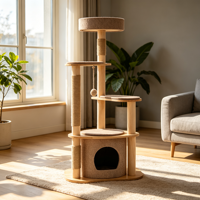 HazelDen Arbre à chat multi-niveaux écologique de 117 cm avec structure en MDF et placage de bois, niche en feutre, plateformes rembourrées et griffoir en sisal
