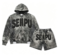 Ensemble sweat à capuche zippé et short pour homme, personnalisé, délavé à l'acide, effet vieilli vintage, en coton épais, avec impression 3D en relief, style streetwear, survêtement OEM