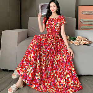 Abito Lungo Bohémien Africano da Donna, Elegante <span class=keywords><strong>Vestito</strong></span> a Strati con Maniche Corte e Stampa Etnica, Ideale per le Vacanze - Product Image 1