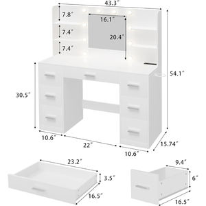 ミラーLEDライト付きベッドルームモダンウッドドレッシングバニティデスク7つの引き出し付き電源コンセント化粧台6つの収納棚 - Product Image 5