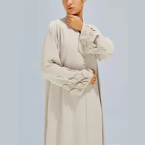 Modest Clothes Islamic Eid Luxury Fashion Muslim Women Beige Crystal Work Flare Abaya Dubai Muslim Dresses