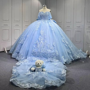 Lsmu161 Vestidos de 15 Años con Apliques de Encaje, Vestido de Quinceañera Azul Cielo, Vestido de Princesa con Lentejuelas y Lazo, Jancember - Product Image 6