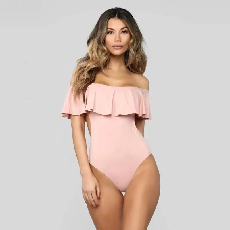 Modest pink wholesale china ruffle off shoulder bikini swimwear