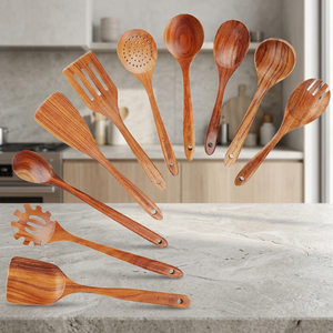 Ensemble de 12 cuillères et spatules de cuisine en bois d'acacia naturel |   Ustensiles de cuisine écologiques antiadhésifs |   Ensemble d'ustensiles en bois massif - Product Image 3