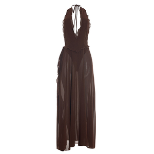 Viviblook Y26DS063 Robe d'été sans manches pour femme, nouvelle robe de soirée maxi sexy à col bas et fente haute, style halter - Product Image 6
