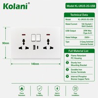 Enchufe Doble Universal Kolani OEM ODM UK con Interruptor y Carga Rápida USB Tipo A+C de 20W, 13A, PC Ignífugo