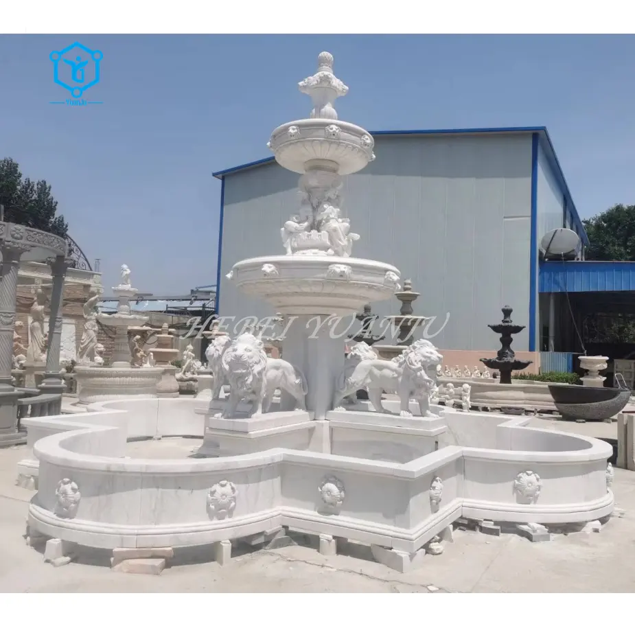 Uso esterno di alta qualità grande mano intagliato in marmo bianco fontana di acqua con leone e donna statue