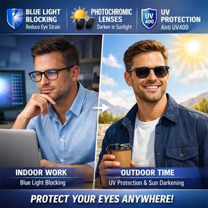 Lunettes photochromiques anti-lumière bleue à changement de couleur pour homme et femme, en alliage hexagonal carré noir <span class=keywords><strong>argenté</strong></span>, Photogrey Lunette 2026 - Product Image 2