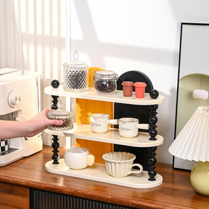 Three Tier <b>Desk</b> Storage Rack Cream Color Standing Type For Kitchenware Coffee Cups Tea Set Organizer Rectangle Shape 3 Floors - Product Image 1