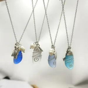 Zooying Fashion Beach Blue Water Recycle Beach Glass Necklace Ocean Marine Organism Pendant Necklace