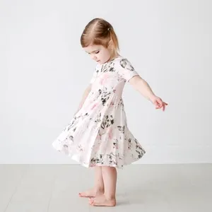 Musim Panas Bayi Gadis Lengan Pendek Berputar Gaun Solid Gaun Katun Balita Ayun