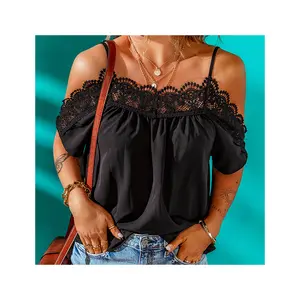 New Designs Fashionable Summer Black Lace Tops Off Shoulder Loose Casual T Shirt Sexy Women