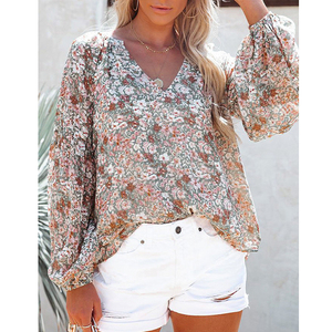 Blus Wanita Motif Bunga, Kerah V, Lengan Lonceng Panjang, Model Longgar, Atasan Wanita - Product Image 3