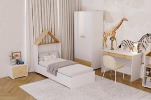 Ahşap Beyaz İki Kapılı Küçük Çocuk Gardırobu Çekmeceli Yıldız Kulplu Depolama Dolabı Rafları ve Askı Rayı - Product Image 6