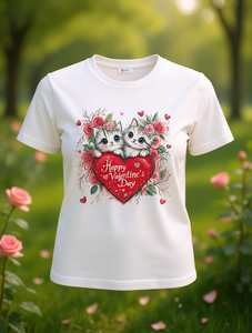 T-shirt casual da donna per San Valentino con stampa di cuori di gatti, girocollo, manica corta, top in cotone traspirante, abbigliamento primaverile ed estivo - Product Image 2