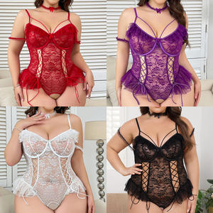 A8437 Lady Dessous Spitze Crotch less Teddy Bodysuit Hosenträger Blumen bestickt Sexy Plus Size Dessous für dicke Frauen - Product Image 1