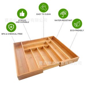 Bamboo Drawer Organizer Compartmentalized <b>Storage</b> <b>Box</b> For Cutlery <b>Kitchen</b> Utensils Space Saving Rectangular - Product Image 4