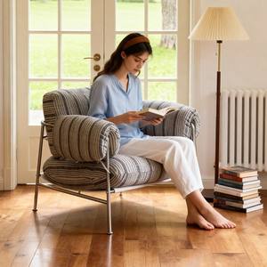 Fauteuil simple en tissu rayé de style vintage, gris et blanc, avec accoudoirs en acier inoxydable, pour salon - Product Image 4