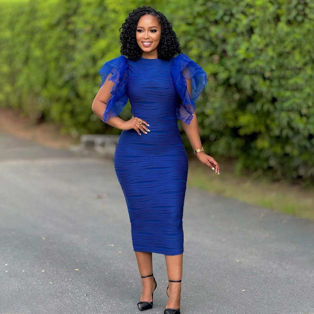 GX1302 Moda Verano Único Manga con volantes Vestido largo Señora