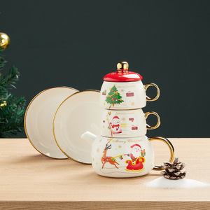 Service à thé en céramique de Noël avec bordure dorée de luxe, ensemble de service à thé empilable multicolore, vaisselle de table personnalisée pour les fêtes - Product Image 5