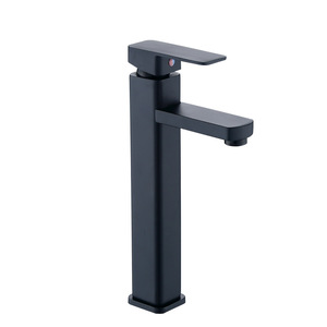 Robinet de lavabo noir à poignée unique en acier inoxydable 304, carré, monotrou, à poser sur le comptoir, style minimaliste - Product Image 1