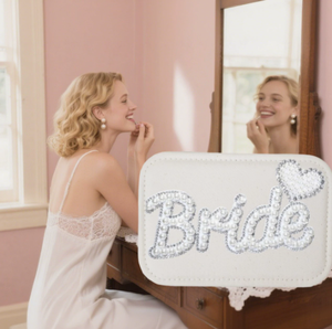 กระเป๋าเครื่องสำอางเจ้าสาว DAMAI สำหรับงานแต่งงาน  วัสดุโพลีเอสเตอร์สีขาว ประดับมุกและกลิตเตอร์สีเงิน พร้อมช่องจัดระเบียบอุปกรณ์แต่งหน้า - Product Image 3